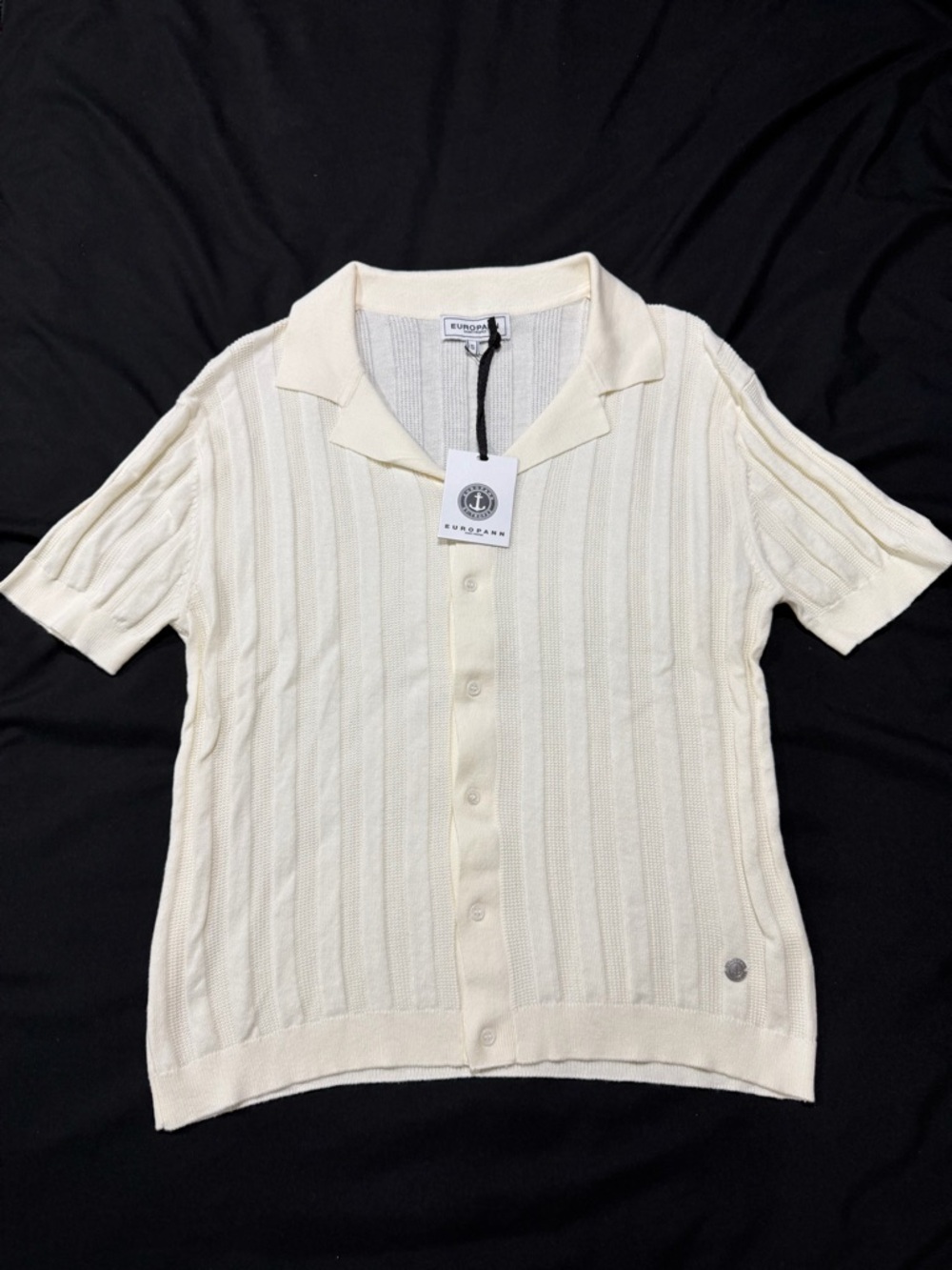 NWT EUROPANN Men's Cream Short-Sleeve Knit Button-Down Shirt